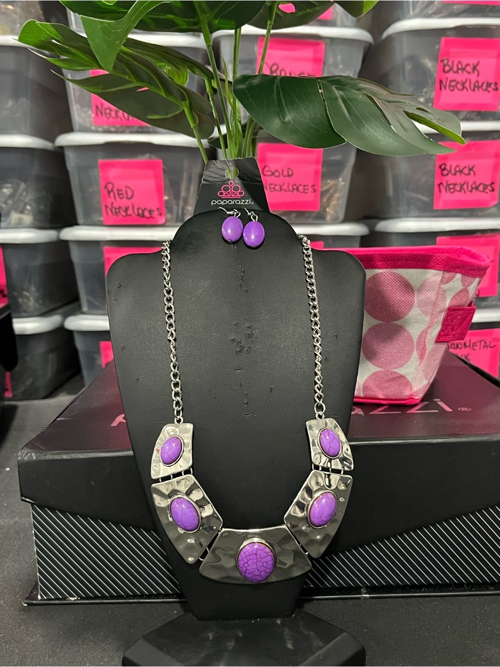paparazzi Silver-Tone Necklace and Purple Stone Studs